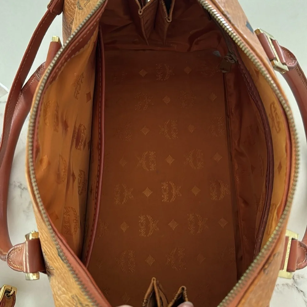 MCM Cognac Brown Visetos Monogram Satchel with Gold Hardware